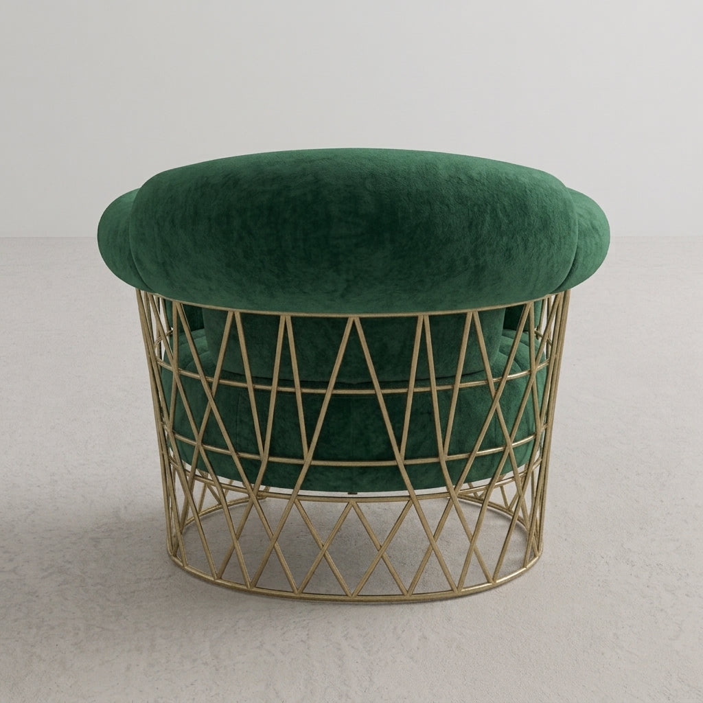 AURORA Curved Emerald Velvet Accent Chair with Geometric Brass Cage Base
