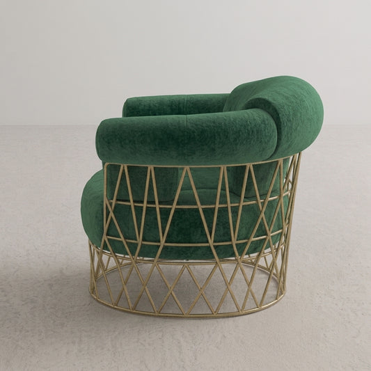 AURORA Curved Emerald Velvet Accent Chair with Geometric Brass Cage Base