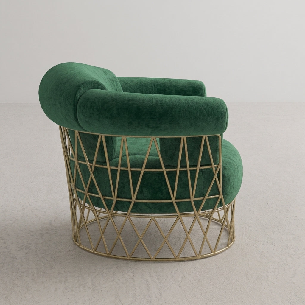 AURORA Curved Emerald Velvet Accent Chair with Geometric Brass Cage Base