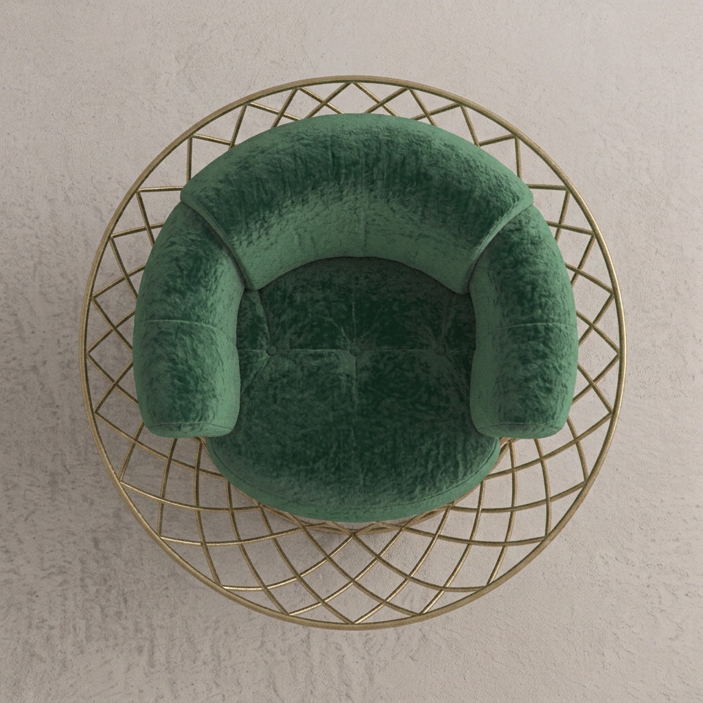 AURORA Curved Emerald Velvet Accent Chair with Geometric Brass Cage Base