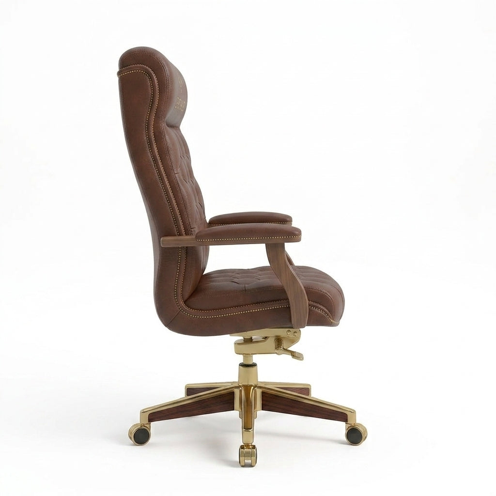 Executive High-Back Brown Leather Boss Chair Ergonomic Swivel