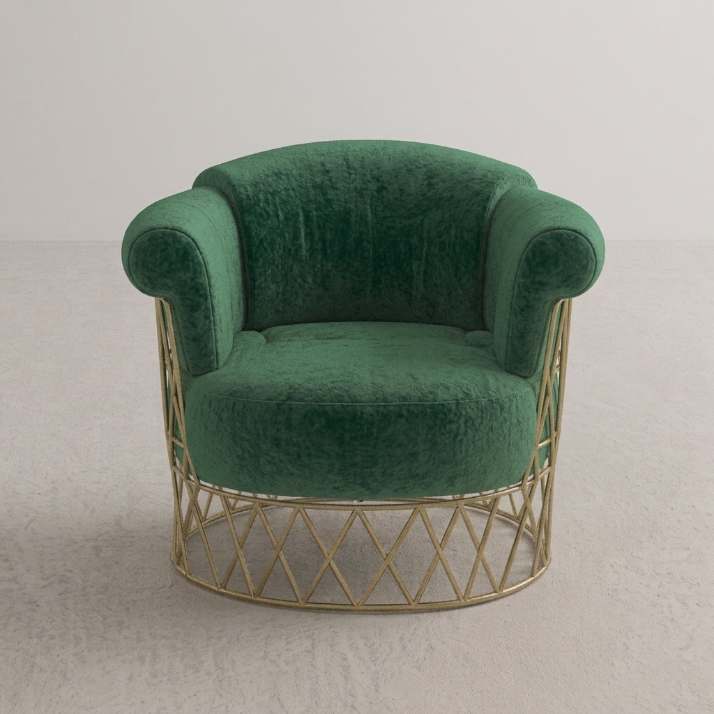AURORA Curved Emerald Velvet Accent Chair with Geometric Brass Cage Base